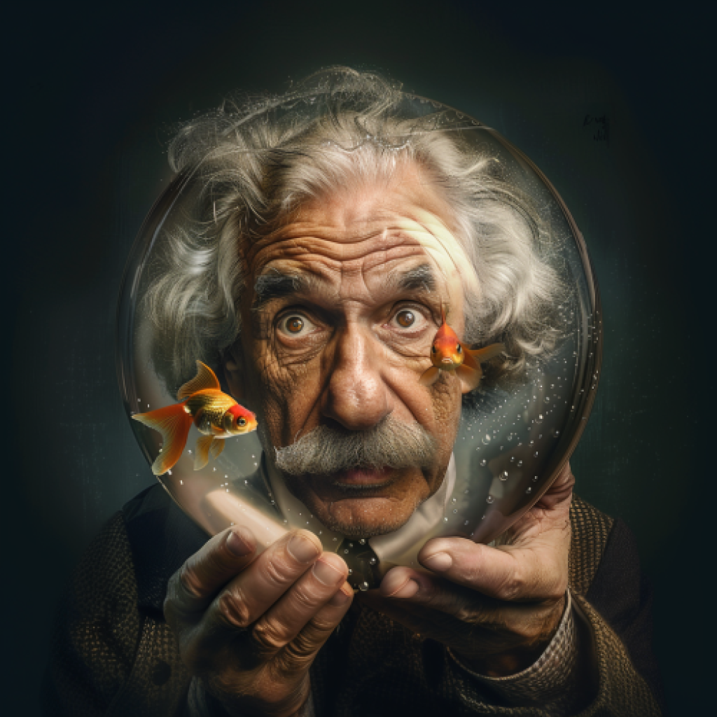 Einstein holding a goldfish bowl AI generated