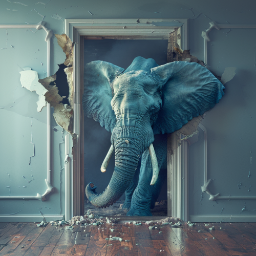 Blue elephant squeezing through a doorway