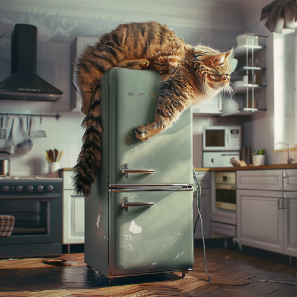 Big oversized cat laying n a fridge freezer, AI generated