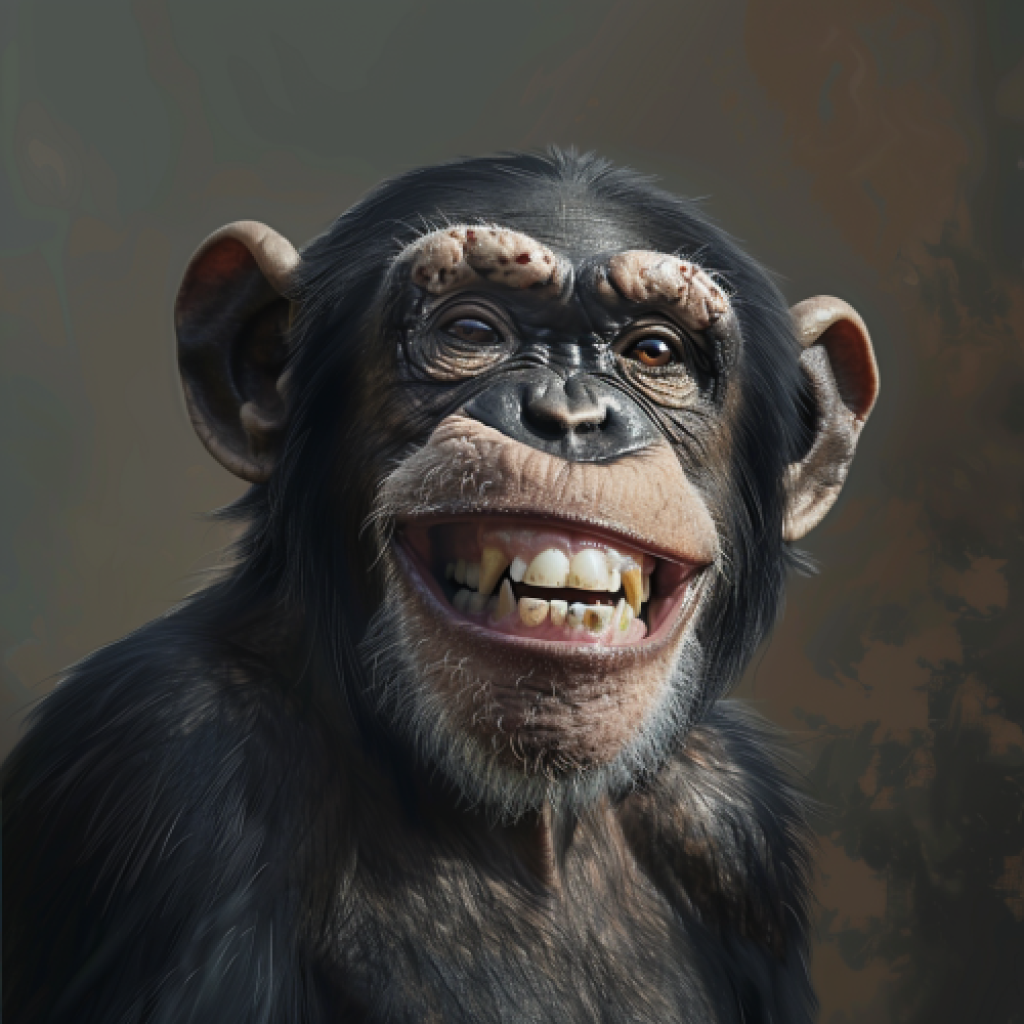 Smiling chimpanzee headshot, AI generated