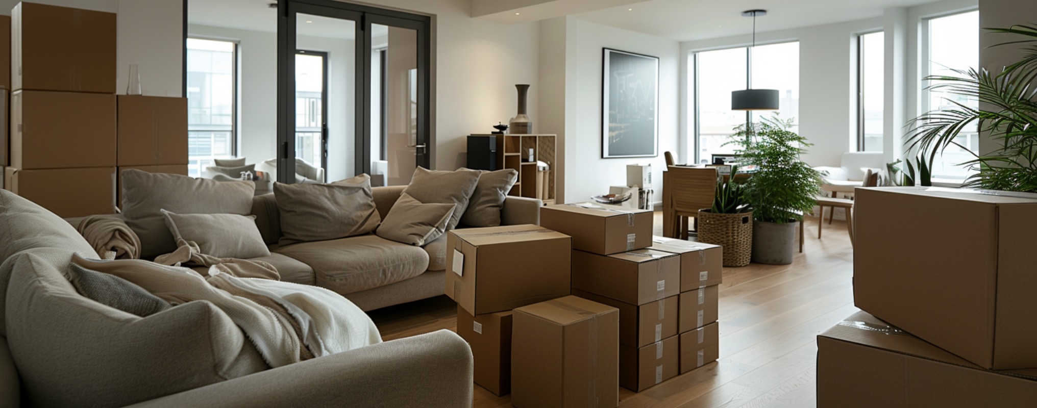 Living room with moving boxes ready for the big move