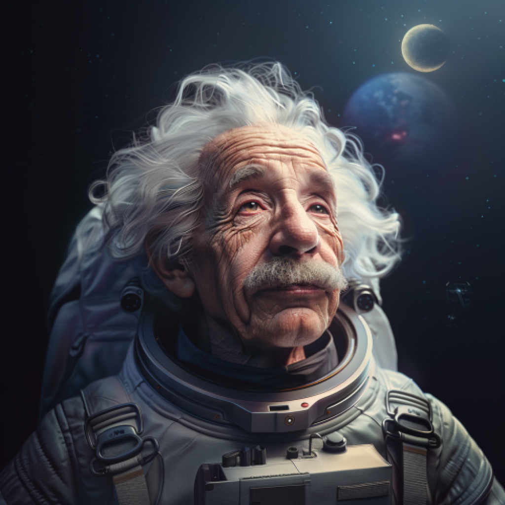 Einstein in a space suit looking out over the universe, AI generated