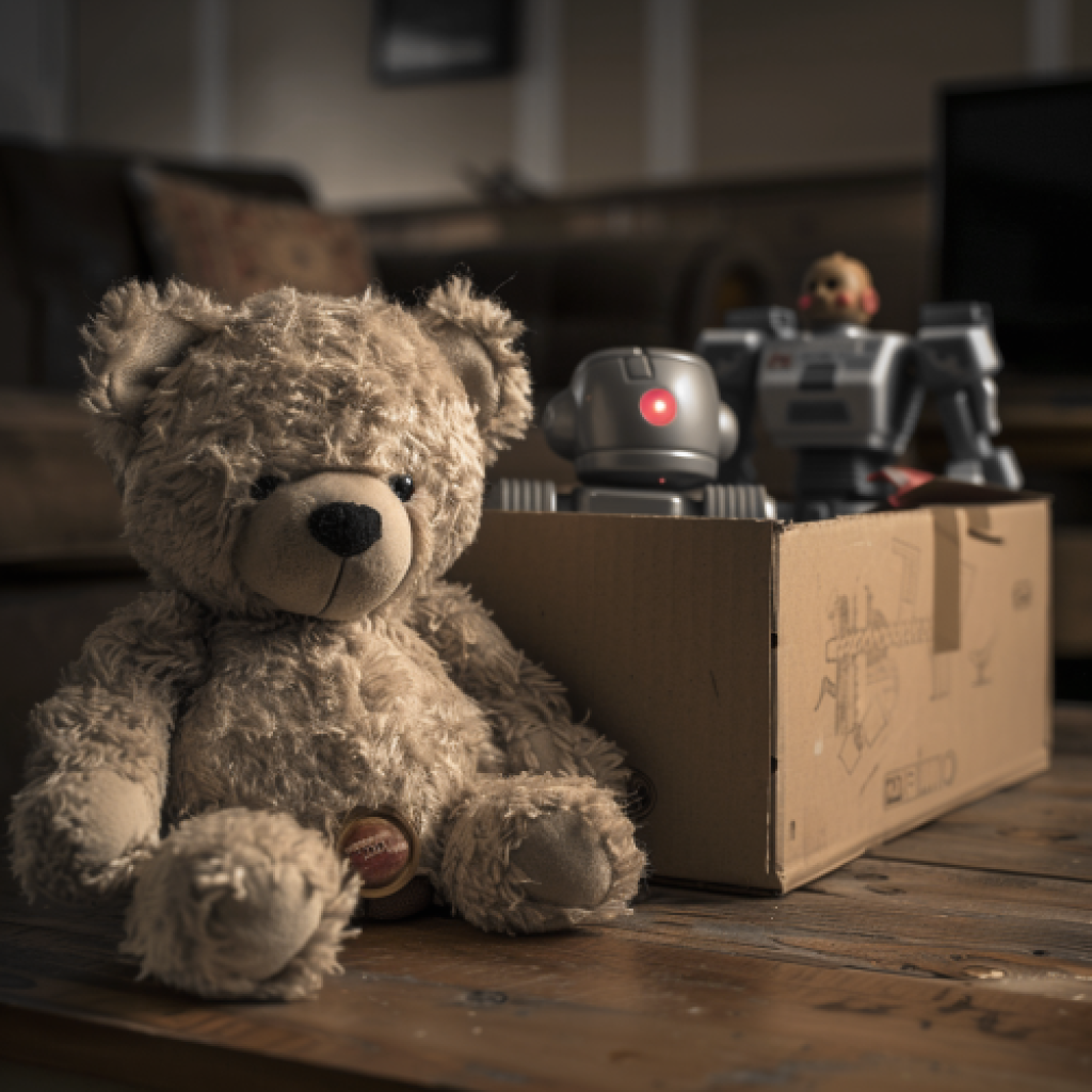 AI generated teddybear sitting beside a box with a robot inside